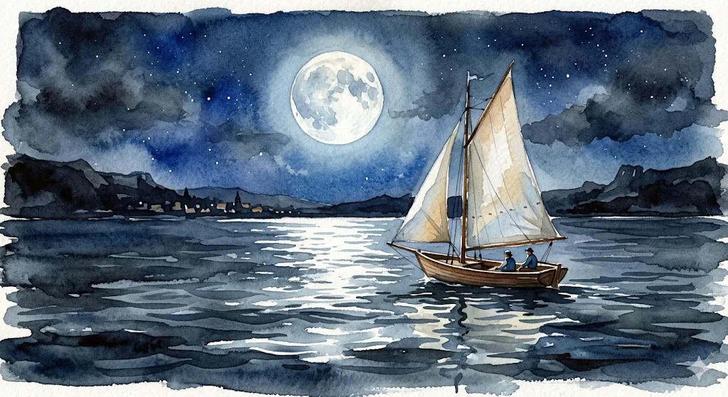 Moonlit Sailboat Watercolor